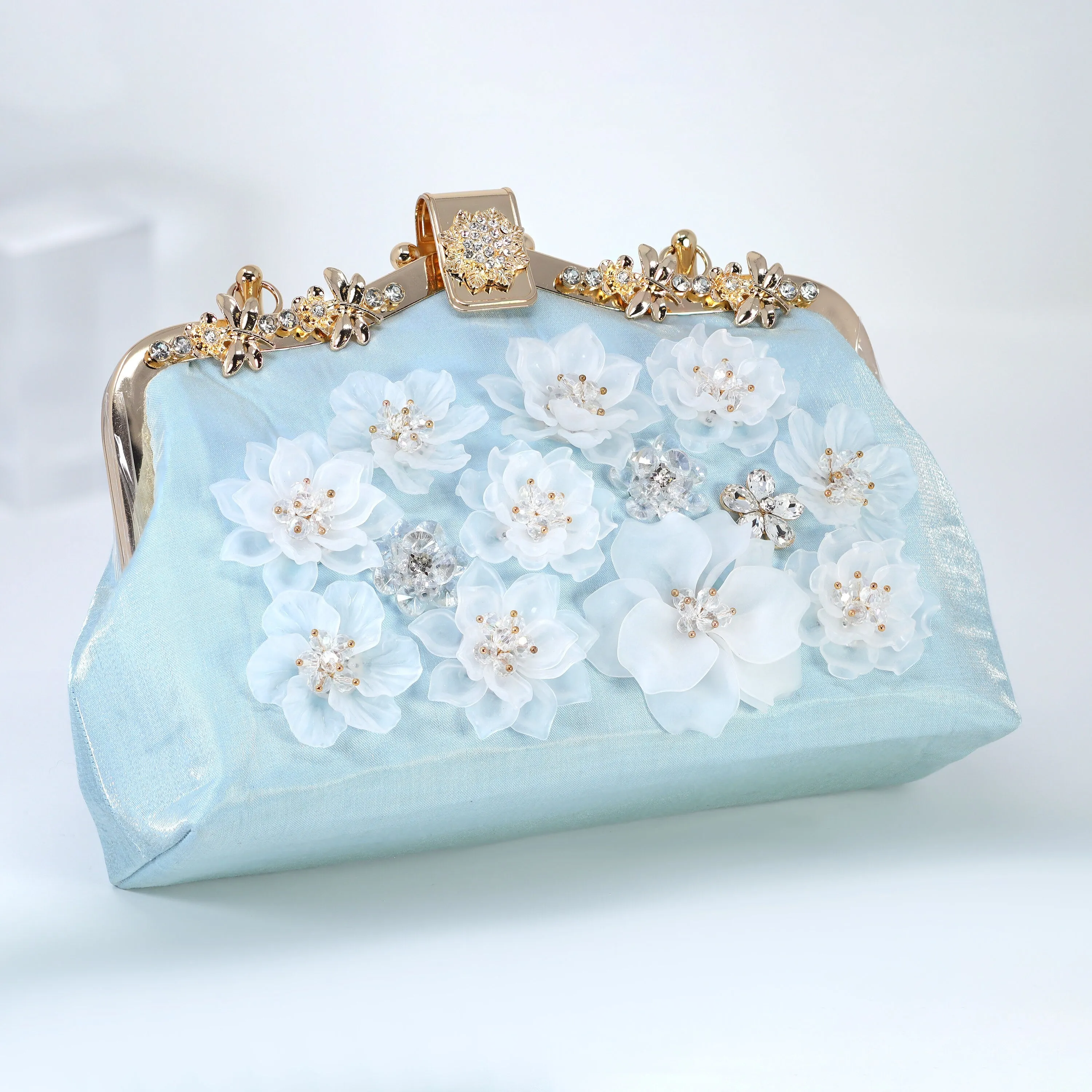 White Floral Shimmering Gold Embroidered Fabric Something Blue Bridal Wedding Bag, Rhinestone Statement Bag, Evening Clutch, Cross Body Bag