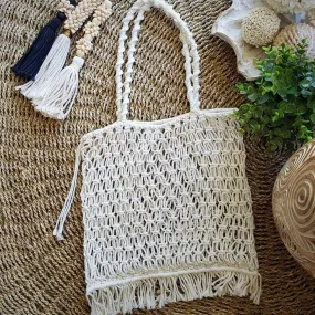 White Woven Cotton Square Shaped Macrame Bag With Fringe