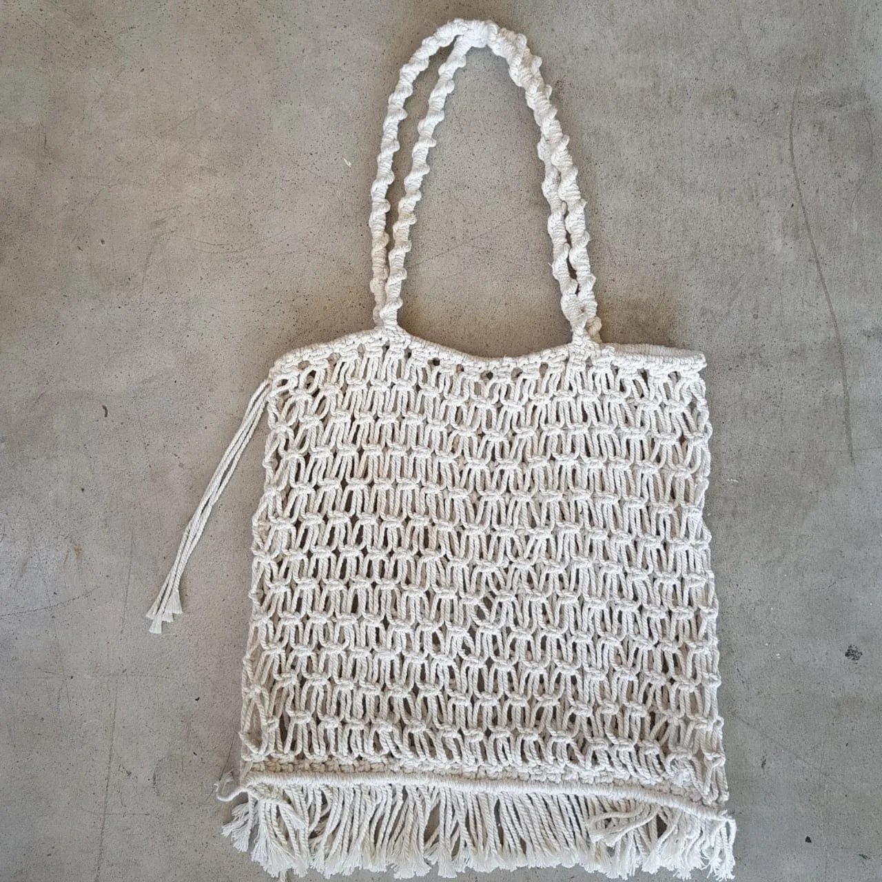 White Woven Cotton Square Shaped Macrame Bag With Fringe