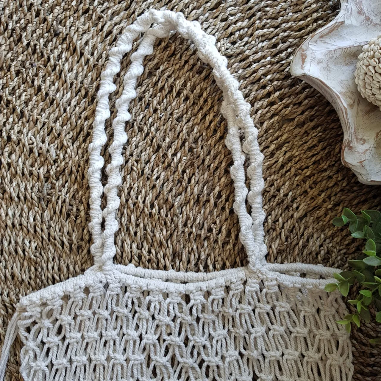 White Woven Cotton Square Shaped Macrame Bag With Fringe