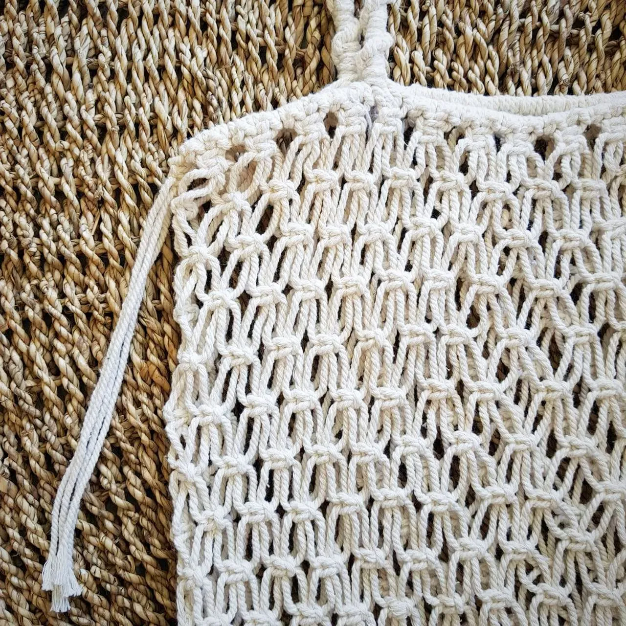 White Woven Cotton Square Shaped Macrame Bag With Fringe