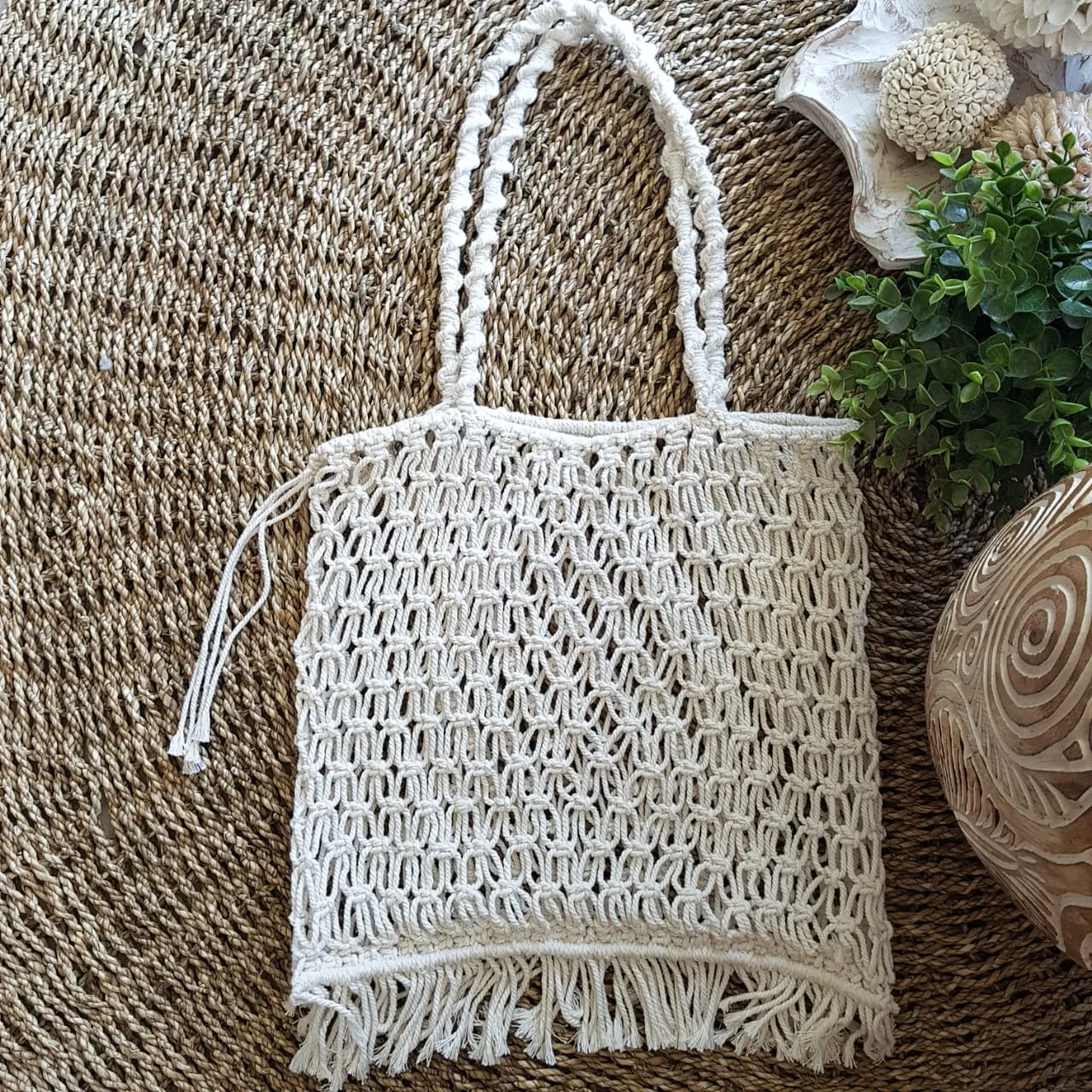 White Woven Cotton Square Shaped Macrame Bag With Fringe