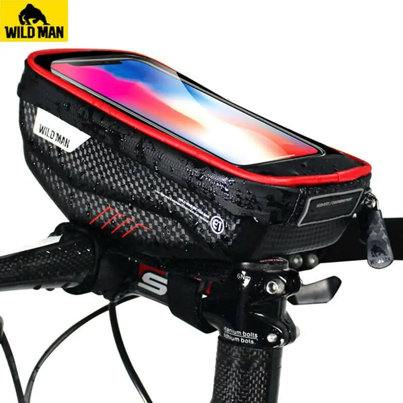 WILD MAN Bike Handlebar Bag Rainproof 5.8/6.0 Inch Phone Case Touch Screen Bicycle Bag Top Front Tube Bag Cycling Accessories