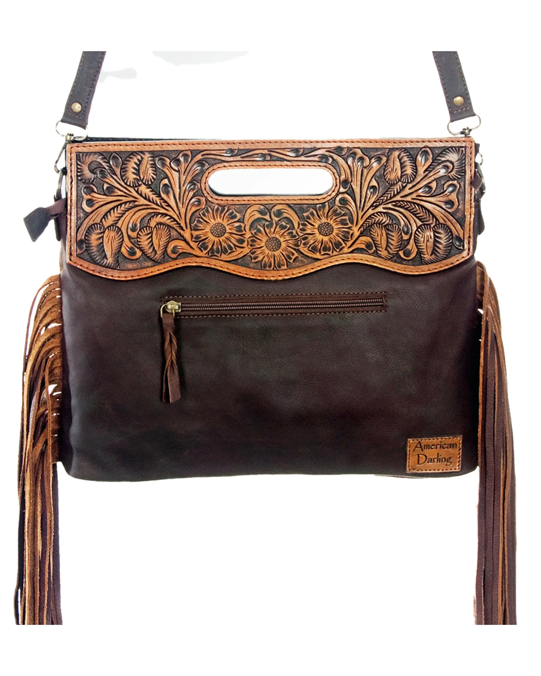 Women's Cowhide Tooled Top with Crossbody Strap Bag