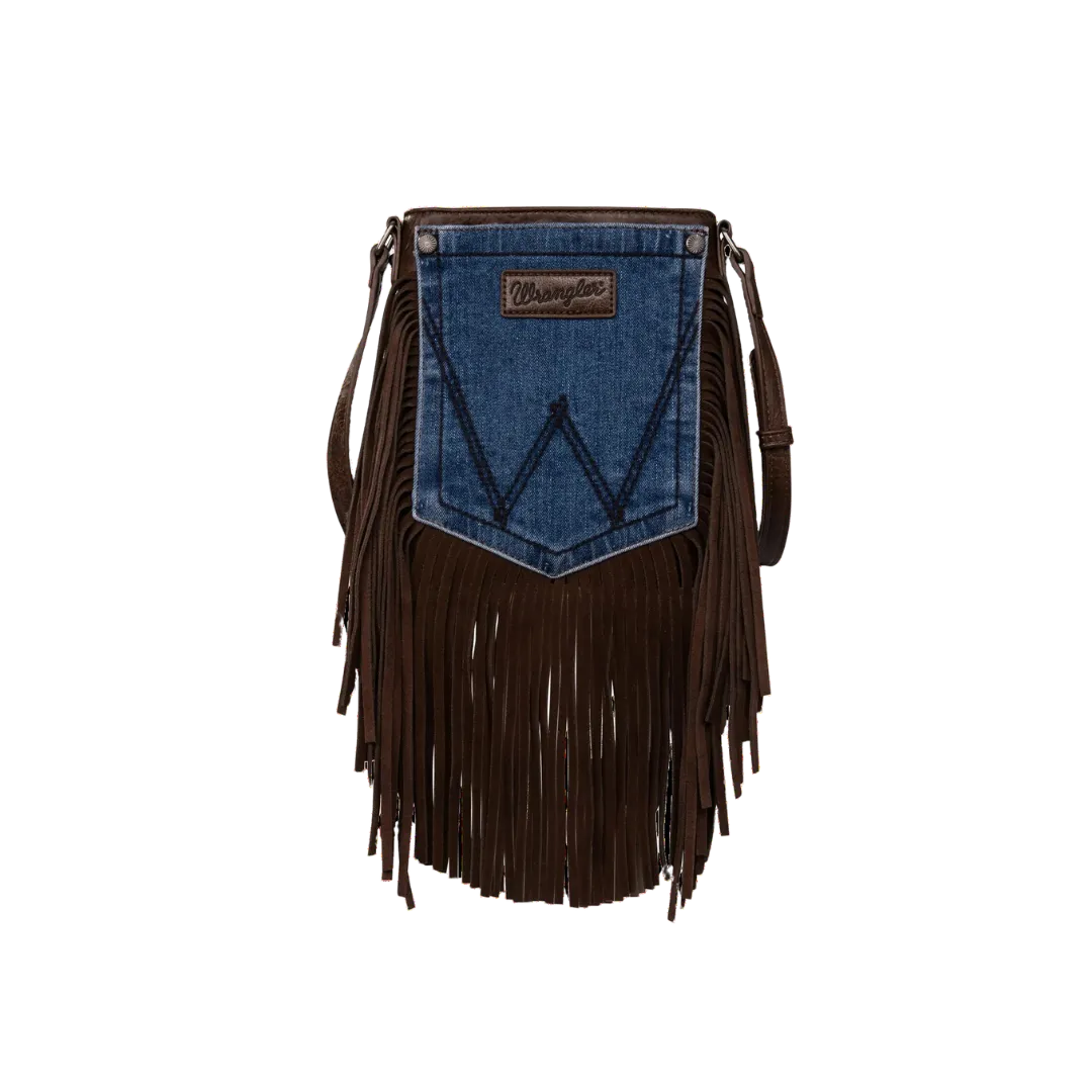 Wrangler Women's Leather Fringe Denim Coffee Brown Crossbody Bag