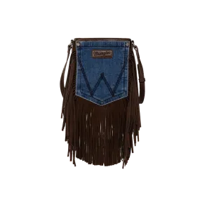 Wrangler Women's Leather Fringe Denim Coffee Brown Crossbody Bag